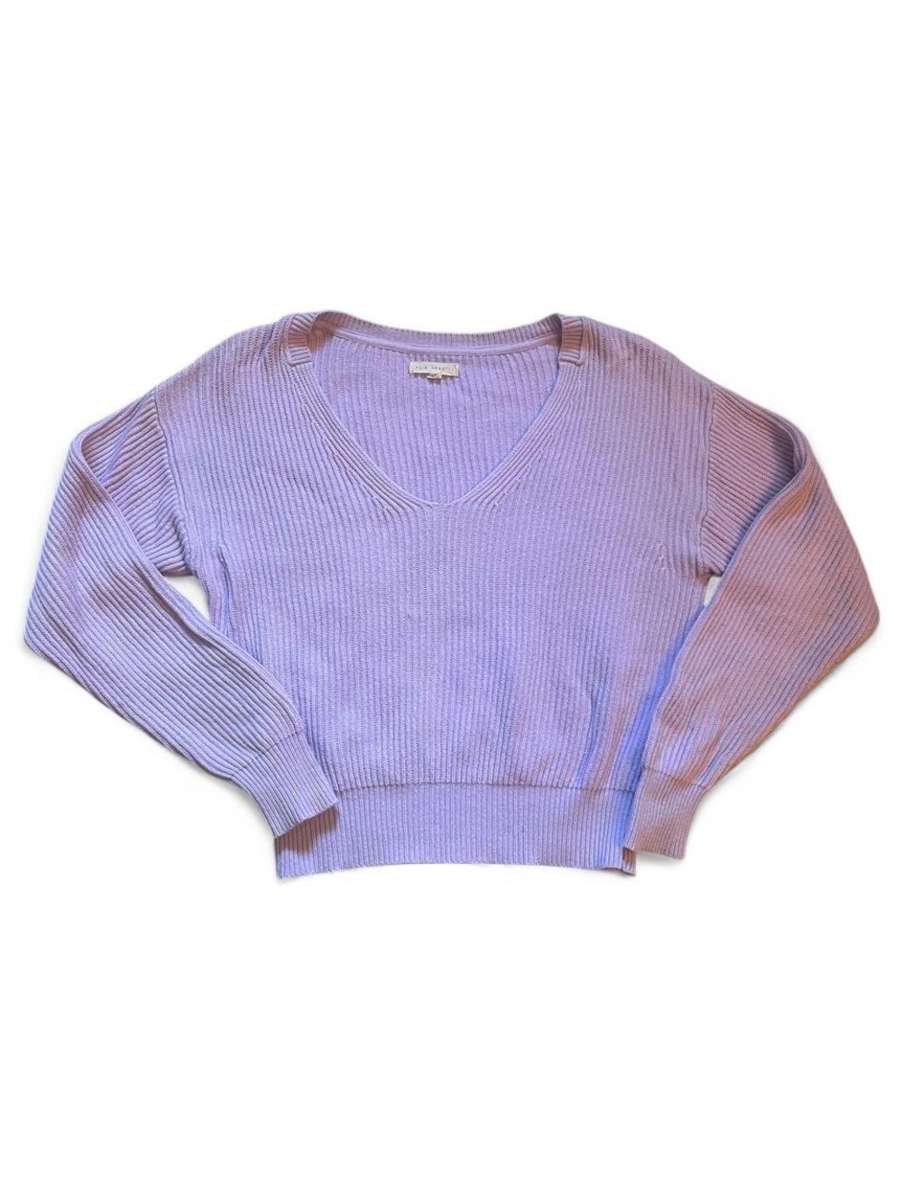 Women’s Lavender Ribbed Knit Cotton V-Neck Sweater